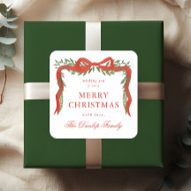 Red Ribbon Bow Greenery Weihnachtsgeschenk Tags