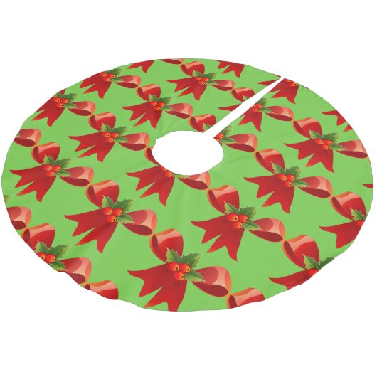 Red Ribbon Bow Holly Thunder_Cove Green Polyester Weihnachtsbaumdecke (Schrägansicht)