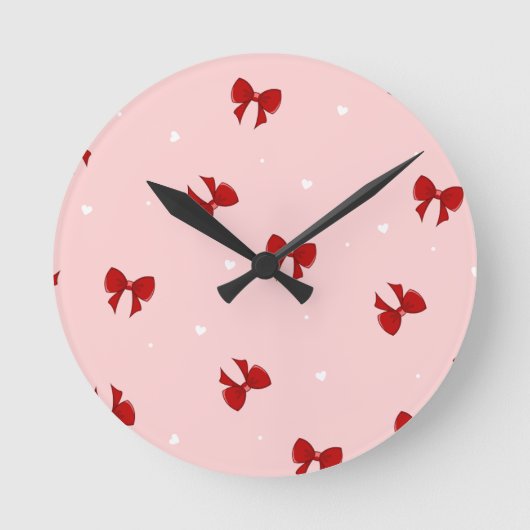 Red Ribbon Bow Pattern | Sweet Pastel Pink Cute Runde Wanduhr (Vorderseite)