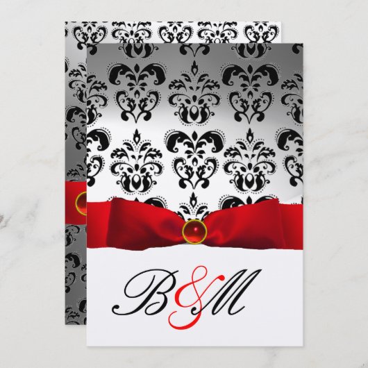 RED RIBBON GOLD BLACK DAMASK MONOGRAMM EINLADUNG (Vorne/Hinten)
