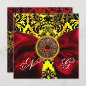 RED RIBBON GOLD YELLOW BLACK DAMASK MONOGRAMM EINLADUNG (Vorne/Hinten)