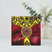 RED RIBBON GOLD YELLOW BLACK DAMASK MONOGRAMM EINLADUNG (Stehend Vorderseite)