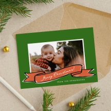 Red Ribbon Green Christmas Foto Flat Holiday Card