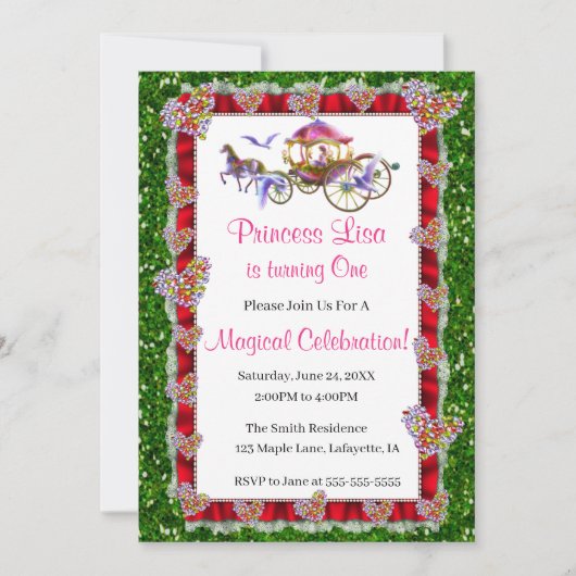 Red Ribbon Green Glitzer Royal Princess Birthday Einladung (Vorderseite)