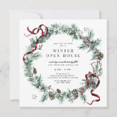 Red Ribbon Greenerity Wreath Square Open House Einladung (Vorderseite)