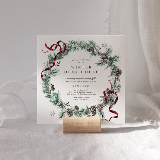 Red Ribbon Greenerity Wreath Square Open House Einladung