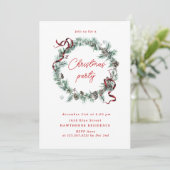 Red Ribbon Greenerity Wreath Weihnachtsfest Party Einladung (Stehend Vorderseite)