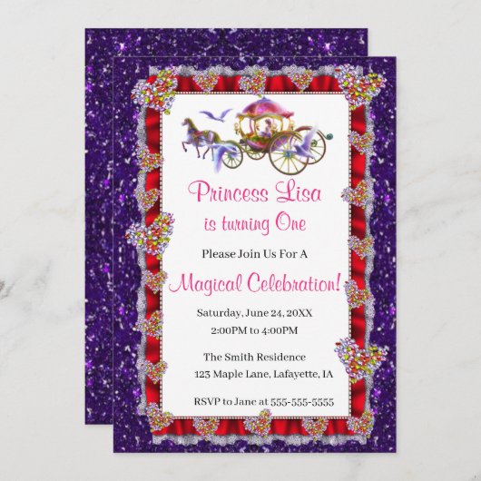 Red Ribbon Lila Glitzer Royal Princess Birthday Einladung (Vorne/Hinten)