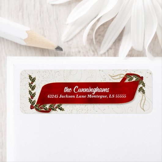 Red Ribbon mit Holly and Berries Holiday Address (Insitu)