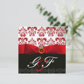 RED RIBBON RUBY GOLD BLACK DAMASK MONOGRAMM EINLADUNG (Stehend Vorderseite)