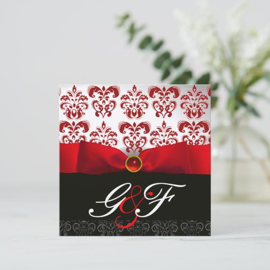 RED RIBBON RUBY GOLD BLACK DAMASK MONOGRAMM EINLADUNG (Stehend Vorderseite)