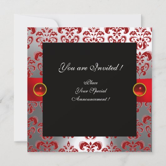 RED RIBBON RUBY GOLD BLACK DAMASK MONOGRAMM EINLADUNG (Rückseite)