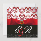 RED RIBBON RUBY WHACK BLACK DAMASK MONOGRAM EINLADUNG (Vorderseite)