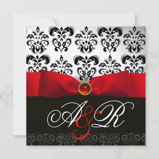 RED RIBBON RUBY WHACK BLACK DAMASK MONOGRAM EINLADUNG (Vorderseite)