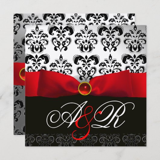 RED RIBBON RUBY WHACK BLACK DAMASK MONOGRAM EINLADUNG (Vorne/Hinten)