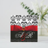 RED RIBBON RUBY WHACK BLACK DAMASK MONOGRAM EINLADUNG (Stehend Vorderseite)