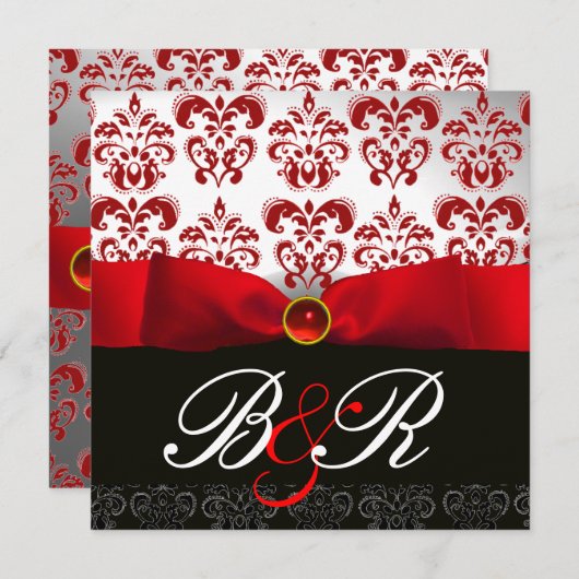 RED RIBBON RUBY WHACK BLACK DAMASK MONOGRAM EINLADUNG (Vorne/Hinten)