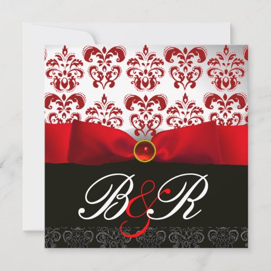 RED RIBBON RUBY WHACK BLACK DAMASK MONOGRAM EINLADUNG (Vorderseite)