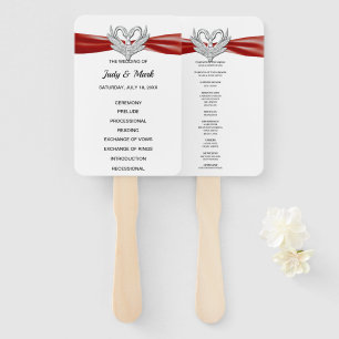 Red Ribbon Silver Swan Wedding Program Fans Fächer