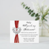 Red Ribbon Silver Swans Bridesmaid Card Einladung (Stehend Vorderseite)
