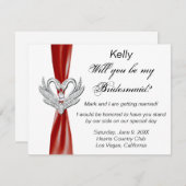 Red Ribbon Silver Swans Bridesmaid Card Einladung (Vorne/Hinten)