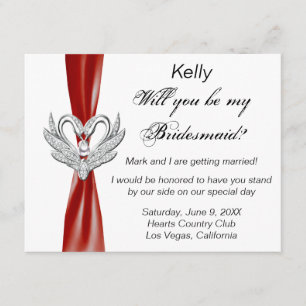 Red Ribbon Silver Swans Bridesmaid Card Einladung