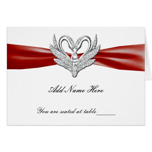 Red Ribbon Silver Swans Falttable Platzkarte (Vorderseite (Horizontal))