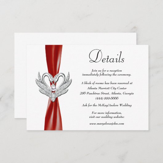 Red Ribbon Silver Swans Hochzeitdetails Begleitkarte (Vorne/Hinten)