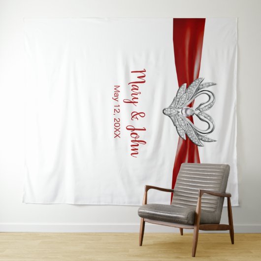 Red Ribbon Silver Swans Hochzeitskugel Wandteppich (Beispiel (Horizontal))