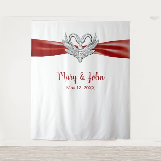 Red Ribbon Silver Swans Hochzeitskugel Wandteppich (Vorderseite)