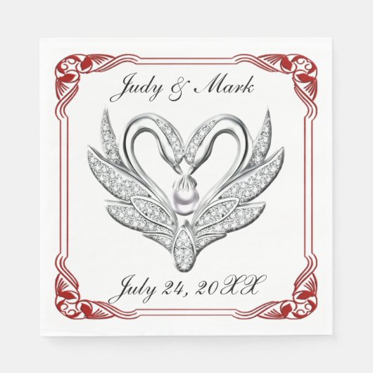 Red Ribbon Silver Swans Paper Napkins Serviette (Vorderseite)