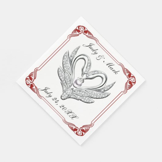 Red Ribbon Silver Swans Paper Napkins Serviette (Ecke)