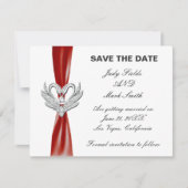 Red Ribbon Silver Swans Save the Date Card Einladung (Vorderseite)