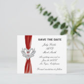 Red Ribbon Silver Swans Save the Date Card Einladung (Stehend Vorderseite)