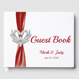 Red Ribbon Silver Swans Wedding Gästebuch