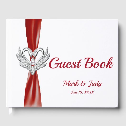 Red Ribbon Silver Swans Wedding Gästebuch (Vorderseite)