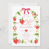 Red Ribbon Strawberry Sweet One Berry Birthday  Einladung (Vorderseite)