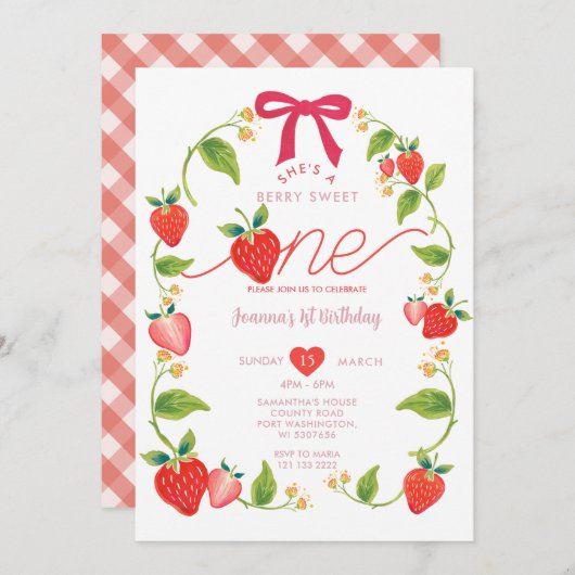 Red Ribbon Strawberry Sweet One Berry Birthday Einladung (Vorne/Hinten)