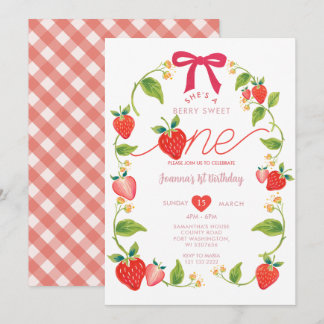 Red Ribbon Strawberry Sweet One Berry Birthday Einladung