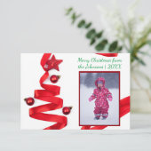 Red Ribbon Tree mit Foto - 3x5 Weihnachtskarte Einladung (Stehend Vorderseite)
