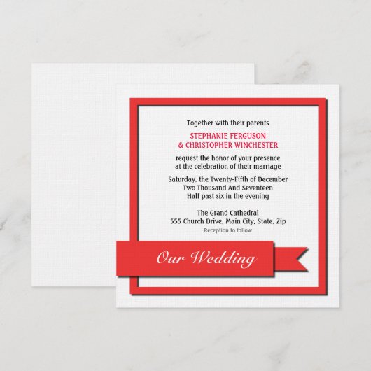 Red Ribbon Wedding Einladung (Vorne/Hinten)