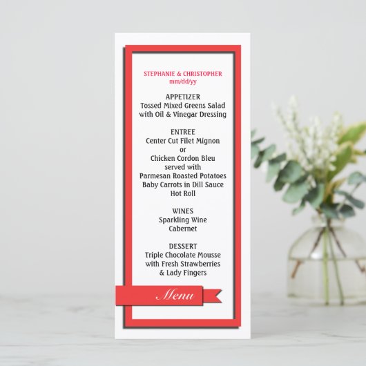 Red Ribbon Wedding Menü / Programm (Stehend Vorderseite)