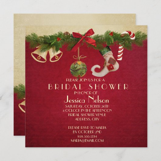 Red Ribbon Weihnachtsschmuck Brautparty Einladung (Vorne/Hinten)