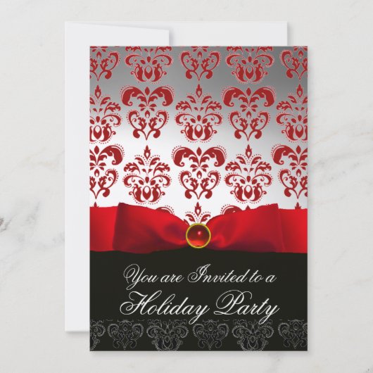 RED RIBBON WHITE BLACK DAMASK HOLIDAY PARTY Ruby Einladung (Vorderseite)