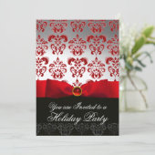 RED RIBBON WHITE BLACK DAMASK HOLIDAY PARTY Ruby Einladung (Stehend Vorderseite)