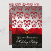 RED RIBBON WHITE BLACK DAMASK HOLIDAY PARTY Ruby Einladung (Vorne/Hinten)