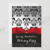 RED RIBBON WHITE BLACK DAMASK HOLIDAY PARTY Ruby Einladung (Vorderseite)