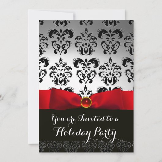 RED RIBBON WHITE BLACK DAMASK HOLIDAY PARTY Ruby Einladung (Vorderseite)