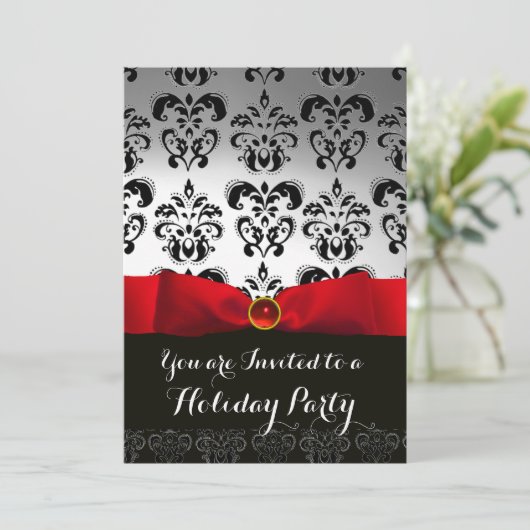 RED RIBBON WHITE BLACK DAMASK HOLIDAY PARTY Ruby Einladung (Stehend Vorderseite)