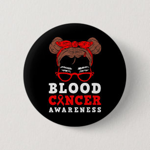 Red Ribbon Woman Messy Hair Blood Cancer Awareness Button